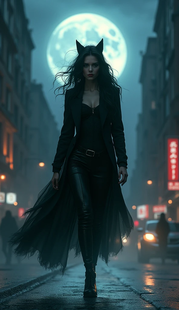 arafed image of a woman in a black leather outfit and coat, stylized urban fantasy artwork, style of raymond swanland, seductive cyberpunk dark fantasy, woman in a dark factory, inside an gothic dystopian, in style of dark fantasy art, gothic - cyberpunk, urban fantasy style, cyberpunk dark fantasy art, cyberpunk dark fantasy, dark fantasy style art