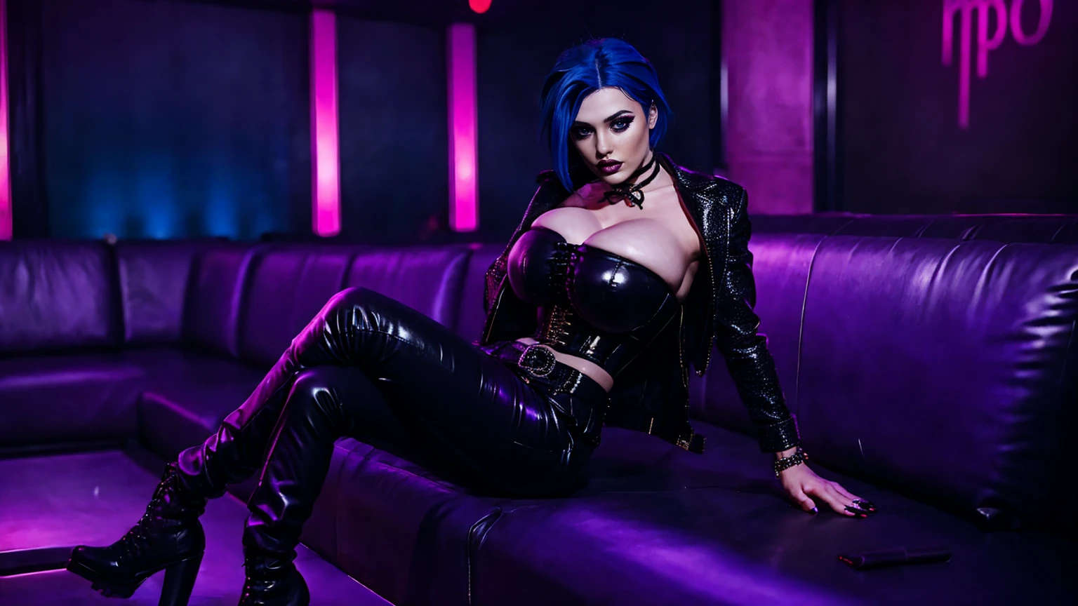 jinx, blue hair, blue leahter corset, black jacket, big breast, purpble tight leahter Trousers, purple belt, black long high heels boots,sitting in a Nightclub