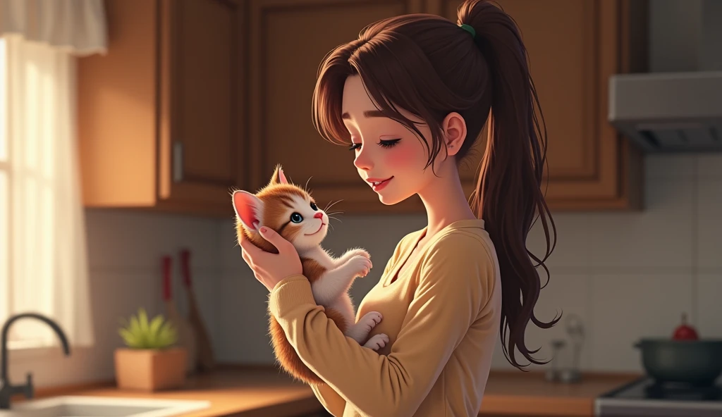  A beautiful brunette girl standing in the kitchen holding a kitten cuddling the cat, she is looking at the smiling cat ,  the cat is looking at her too and smiling  