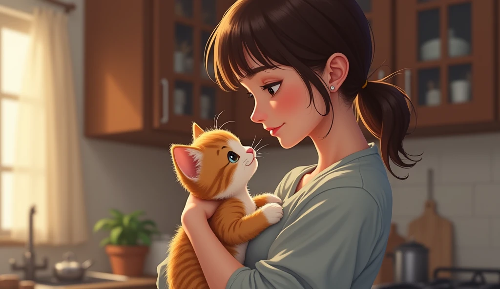  A beautiful brunette girl standing in the kitchen holding a kitten cuddling the cat, she is looking at the smiling cat ,  the cat is looking at her too and smiling  