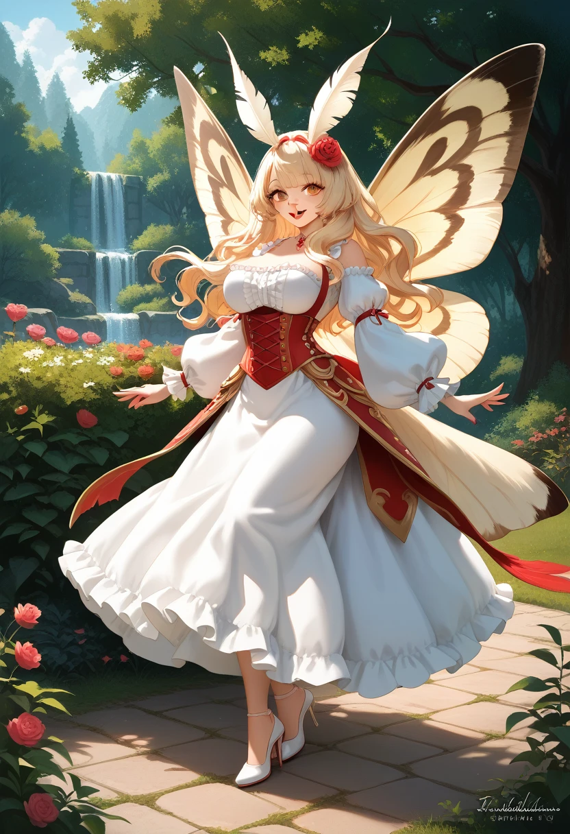 full body A (((masterpiece oil painting))), embodying a whimsically drawn (((anthro fantasy anime style))) with intricate details and vibrant colors that bring a (dynamic insect world) to life. In this captivating scene, a ((beautiful, anthro moth woman)) with ((big, insect eyes)) and ((long, flowing moth wings)) stands confidently, surrounded by a serene (((park))). Her attire blends elegantly into the natural landscape, with a ((tight, form-fitting dress)) that accentuates her ((curvy body)) and ((long, flowing hair)) cascading down her back. She's not only a beautiful moth, but also exudes a playful and joyful vibe, perfectly capturing the essence of an (8K, high-definition, ultra-realistic aesthetic) that transports viewers into a magical, hyper-realistic, natural wonderland, sexy, large breasts, curvy, voluptuous, expressive, cheerful, smiling, harmonious colors, dynamic composition, cinematic lighting, highly detailed, 8k, concept art style
