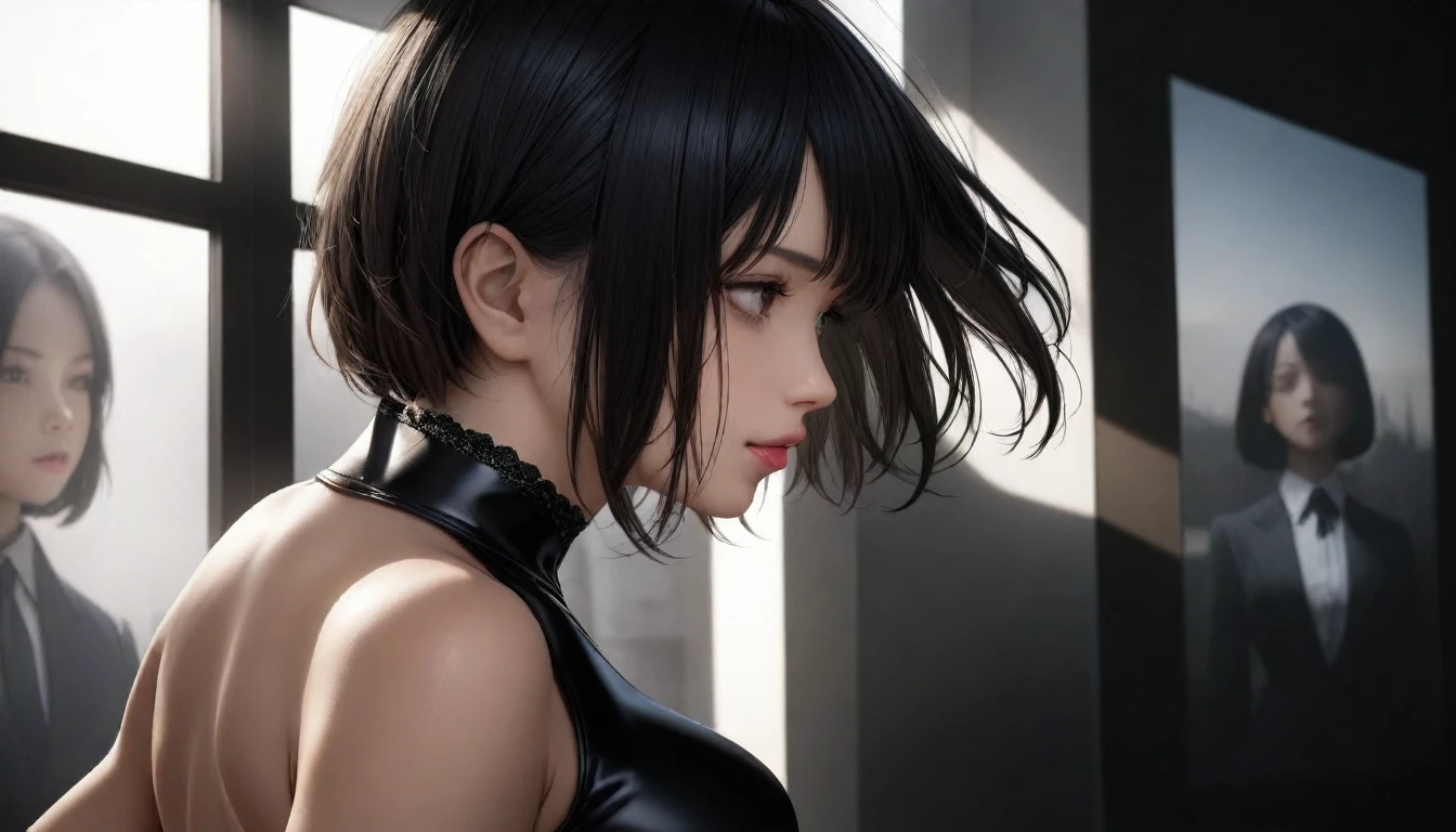 (Masterpiece:1.5), top quality, official art, super detailed, 1 Girl, 18 years old, elegant black dress, ruffled skirt, gloves, beautiful hair, bangs, gray hair, short hair, blue eyes, beautiful eyes, eye highlights, beautiful skin, fresh skin, knee high boots, cinematic lighting, big breasts, melancholy face, quiet expression, simple black catsuit, hair blowing in wind, white background, niji5, NieR, 2B