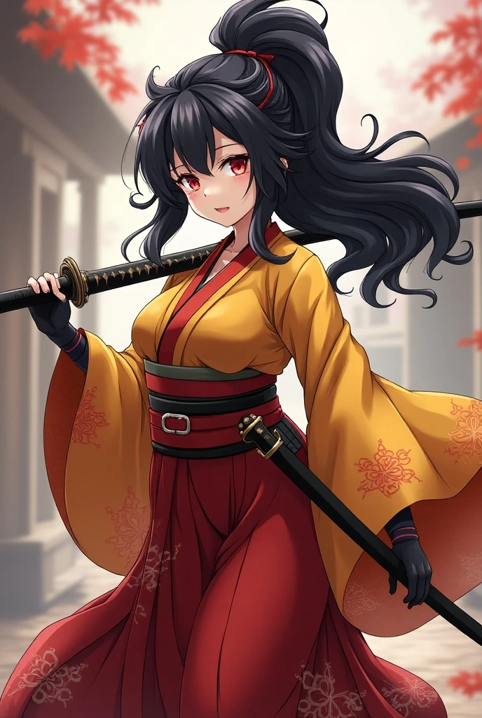 Anime Japanese woman wearing a kimono, Yellow-eyed, Black Hair, Maroon dress, olive green hakama. She has a large chest but you can't see it., Her long hair is parted in the middle and tied back., And smiling. She wears a Japanese sword on her left hip..