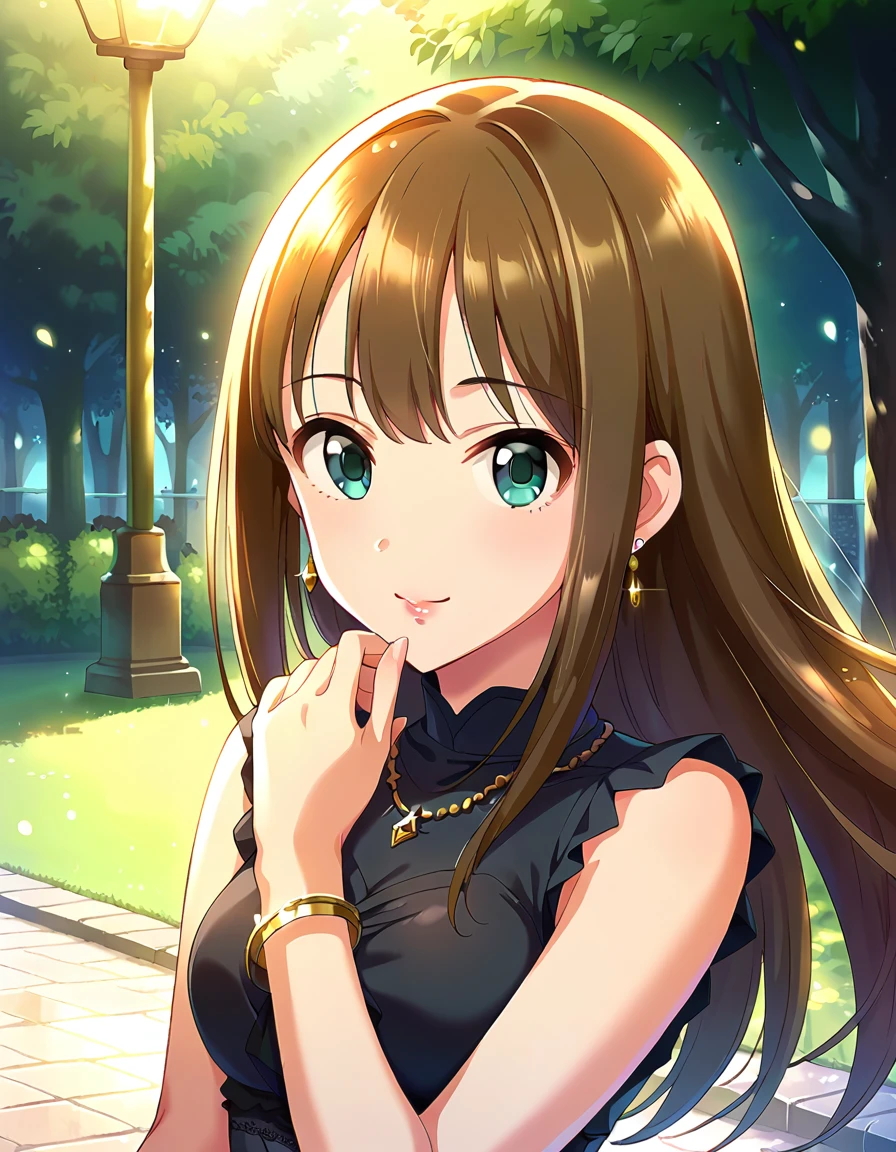  score_9,  score_8_up,  score_7_up, sauce_Anime,
 1 girl, Beautiful woman, Alone, Date, , smile, Fob, Finally, the kiss,  seems pleasure,  Fob, the above, 
Park, nature, tree,  Knight , street lamp, Bright Particles , 
sbyrn, Long Hair, Brown Hair,  bangs, green eyes, medium breasts,
Detailed eyes, eyelash, Eyeliner, lipstick, necklace,  earrings,  bracelet,
 Black Dress, Detailed embroidery,  sleeveless,  Shoulder Bare, Hair Ornaments,