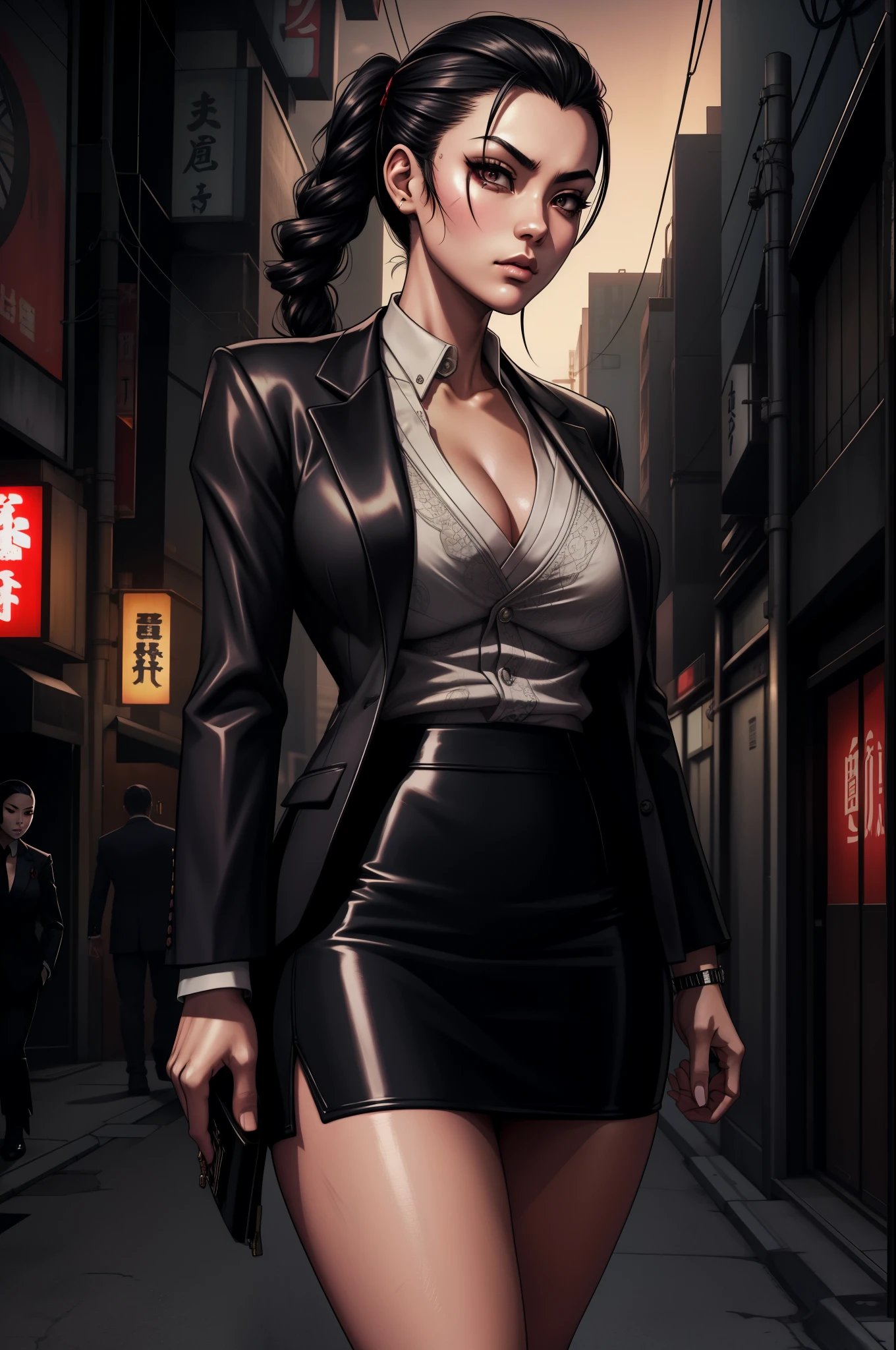 japanese yakuza mobster girl with a dark gray suit, miniskirt, pencil skirt, facial scar, stylish, hdr, intricate details, hyperdetailed, cinematic, rim light, danger atmosphere, noir, night, cyberpunk lighting, tokyo street,