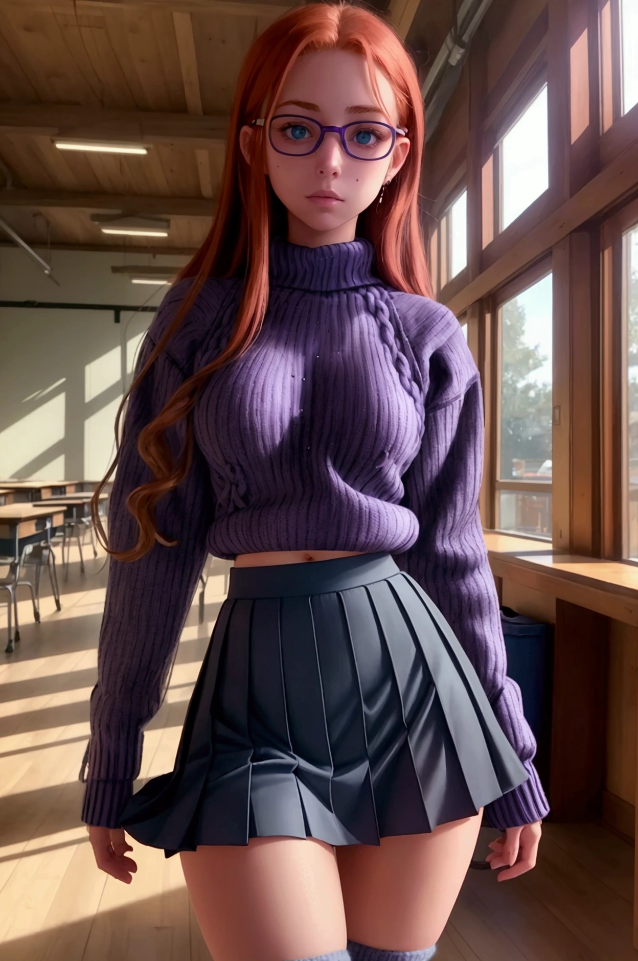  An extremely detailed and perfect 8k image . Photography by (Annie Leibovitz) of a teenager , green eyes, redhead,  (  perfectly detailed face  ), ((nerd)), ((cuerpo perfecto)), has big ,   narrow waist and nice hips   . She is wearing a ((school skirt, purple)) and a ((wool sweater, blue)).    She's standing in the middle of an old, quiet library , all made of wood  ,   She is very pretty and sexy  ., She has a (glare).