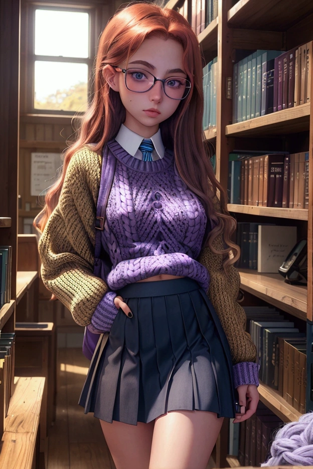  An extremely detailed and perfect 8k image . Photography by (Annie Leibovitz) of a teenager , green eyes, redhead,  (  perfectly detailed face  ), ((nerd)), ((cuerpo perfecto)), has big ,   narrow waist and nice hips   . She is wearing a ((school skirt, purple)) and a ((wool sweater, blue)).    She's standing in the middle of an old, quiet library , all made of wood  ,   She is very pretty and sexy  ., She has a (glare).