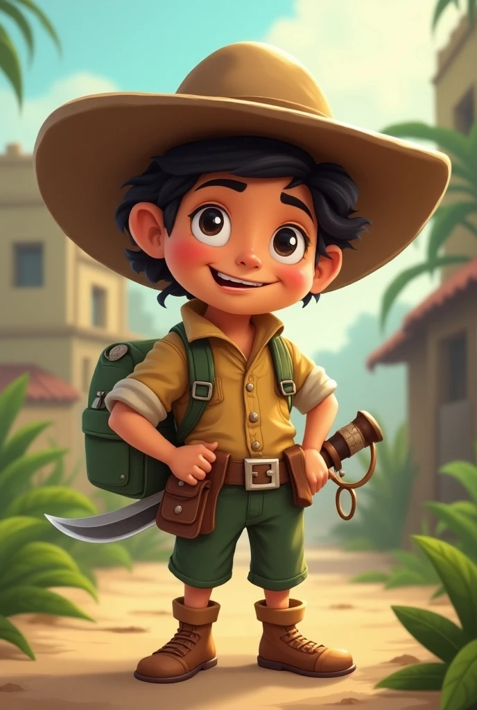 A chubby, 8-year-old Latino boy face, tanned skin, wearing cowboy clothes, cowboy hat, belt with cowboy buckles and a knife tied around his waist, an orange-haired dog in the background on a farm, ultra realistic details, 4k