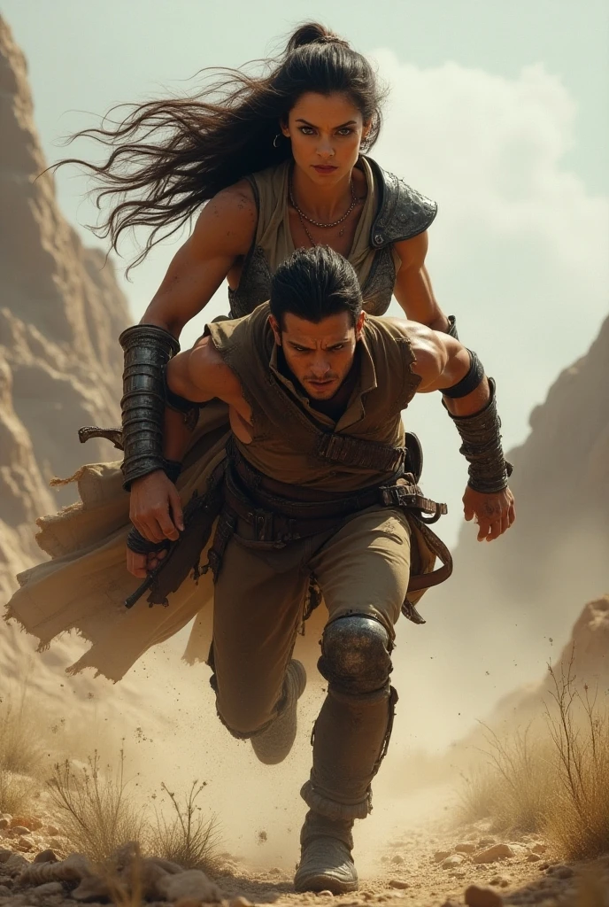 Girl lifting up a young man who was on the ground with her hand against a background of destruction and water
