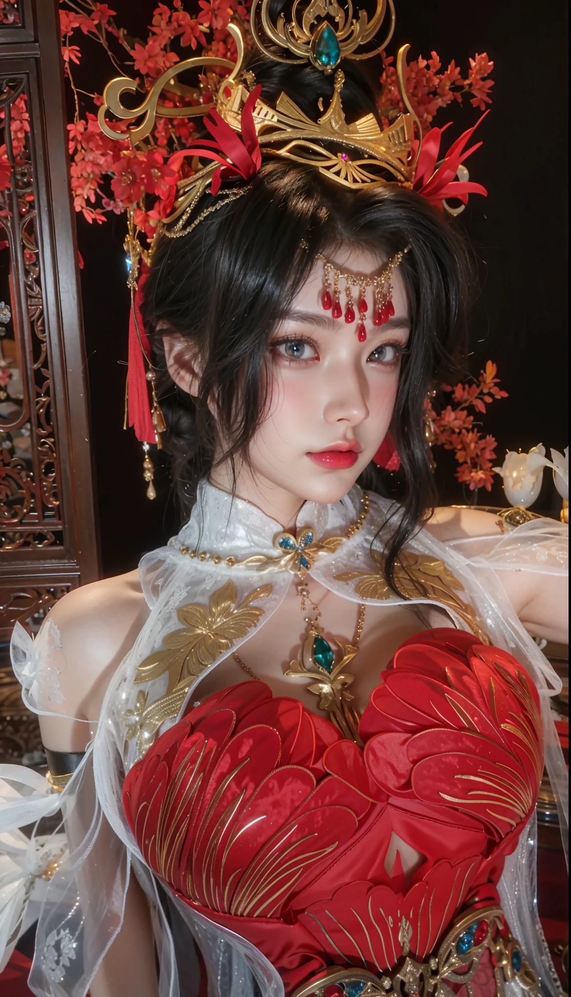(Fight fiercely with dragons)、top-quality、​masterpiece、超A high resolution、（White Dragon Armor）、dragon armor、(Wearing a beautiful crown made of jewels),(Photorealsitic:1.4)、Raw photo、女の子1人、Golden hair、glowy skin、(((Chinese Dragon)))、（Gorgeous Jewelry Necklaces）、（Mystical expression）、（Fight big dragons）、With a beautiful knife、（White Metal Bodysuit）、(beautiful forest background)、Precipitous cliffs、(Small LED)、((super realistic details))、portlate、globalillumination、Shadow、octan render、（One-Eyed Scouter）、8K、ultrasharp、Colossal tits、Raw skin is exposed in cleavage、metals、Details of complex ornaments、Japan details、highly intricate detail、Realistic light、CGSoation Trends、Red Eyes、radiant eyes、Facing the camera、neon details、(Mechanical limbs)、(blood vessels connected to tubes)、Mechanical vertebrae attached to the back、mechanical cervical attaching to neck、(Wires and cables connecting to the head)、Gundam、Small LED、,Mechanical thighs、Toostock、（Hands are also made of machines）、（veils）、