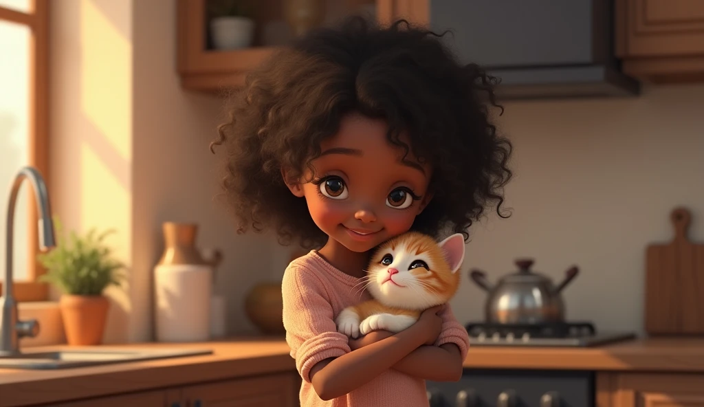    A pretty dark-skinned girl standing in the kitchen holding a kitten hugging the cat, she's looking at the smiling cat   ,    the cat is looking at her too and smiling    