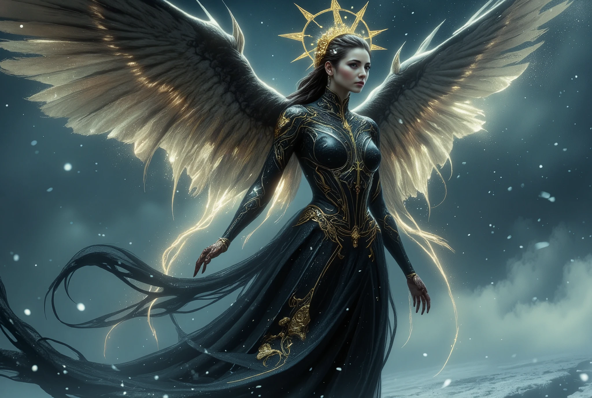 "An ultra-realistic cybernetic angel soars through a stormy winter sky, her radiant presence a fusion of divine grace and advanced technology. With a beautiful, serene face framed by glowing metallic accents, she embodies both mythology and sci-fi aesthetics. A black Gothic dress with intricate golden floral embroidery flows as she moves, and a luminous holy halo hovers above her head, shining like a celestial beacon.
Her cybernetic wings, a blend of sleek machinery and angelic feathers, emit sharp streaks of light that pierce through the frosty air. Below, the snow-covered landscape contrasts the dark, stormy clouds, adding depth to the dramatic scene. Her glowing eyes, with detailed irises, scan the world below with purpose, while the wind sweeps across her face, highlighting her sharp contours.
Captured with ultra-realistic lighting, the visual rhythm of the scene emphasizes the interplay of shadows and light. The intricate details of her dress, her metallic wings, and the snow swirling around her create a masterpiece of both beauty and technology, embodying the fusion of mythological power and cybernetic enhancement."