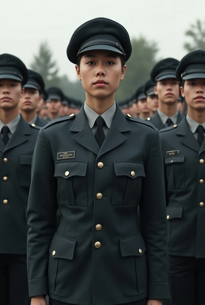 中景 the scene is,In the distance, In the troop park,There was a tall male officer,With a hat on,Short hair,Another female officer,long hair flowing,Wearing a suit military uniform,The characteristics of the two are obvious,Body proportions standard,Mingle with each other on the boulevard,The action is light and enjoyable,Discuss the future,The picture is bright,Dazzle,warm,Horizon composition