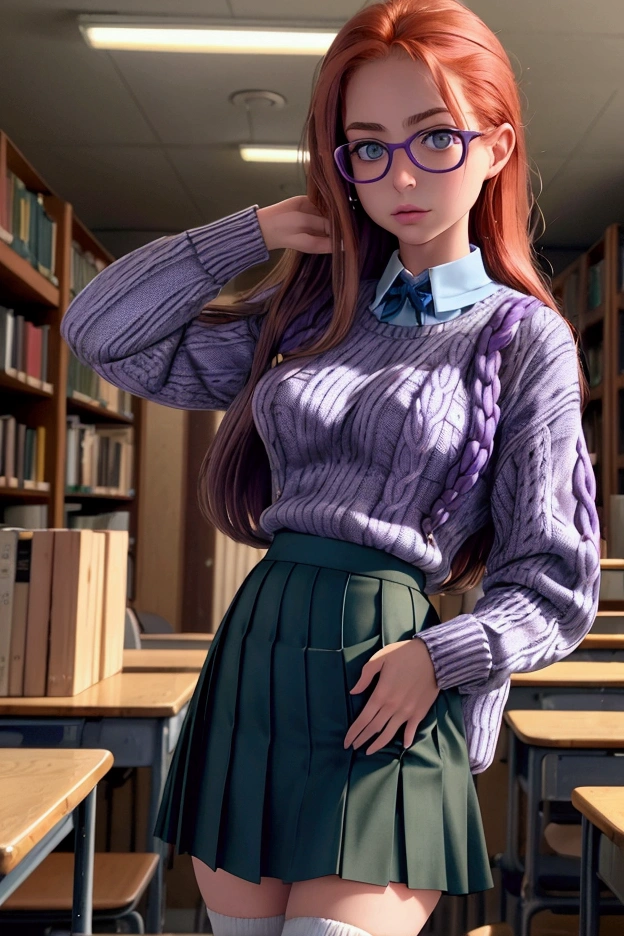  An extremely detailed and perfect 8k image . Photography by (Annie Leibovitz) of a teenager , green eyes, redhead,  (  perfectly detailed face  ), ((nerd)), ((cuerpo perfecto)), has big ,   narrow waist and nice hips   . She is wearing a ((school skirt, purple)) and a ((wool sweater, blue)).    She's standing in the middle of an old, quiet library , all made of wood  ,   She is very pretty and sexy  ., She has a (glare).