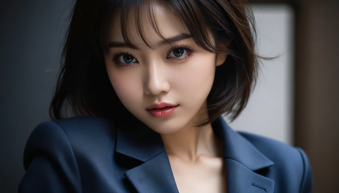 Tabletop, Highest quality, figure, Super detailed, In detail, High resolution, 8k wallpaper, Perfect dynamic composition, Beautiful fine details, Natural Lip,blazer ,, Cleavage, whole body