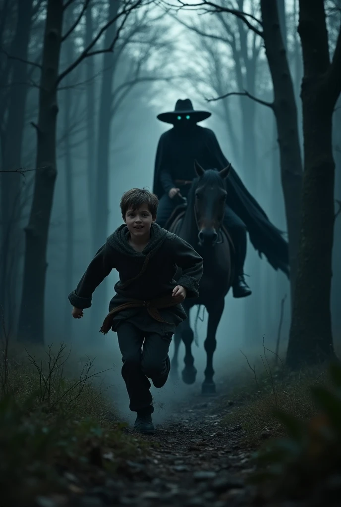 Headless horseman chasing a young man in the forest at night