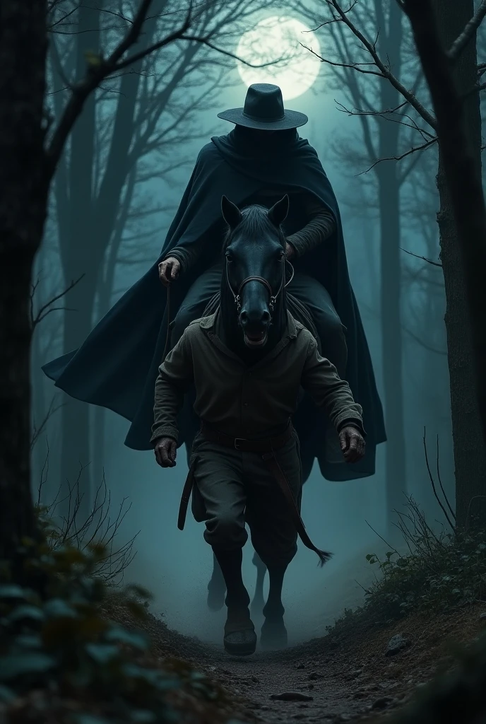 Headless horseman chasing a boy in the forest at night 