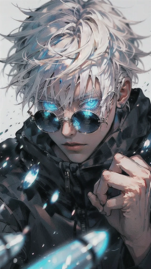 1 boy,rim light,looking_at_screen,masterpiece,best quality,solo,Gojo Satoru,highest detailed.sunglasses,Glowing eyes,white hair,