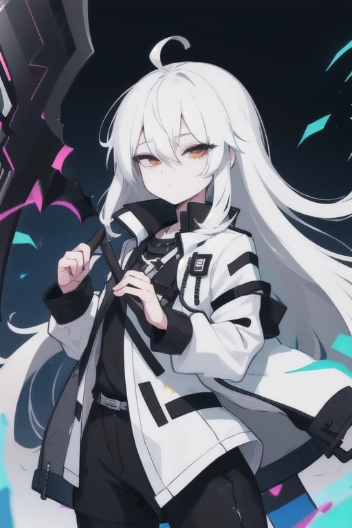  1male, solo, bigchest, feminine, white skin, white eyes, black sclera, ahoge, absurdly long hair, white hair, expressionless, white gauntlets, Holding Scythe, black scythe, inky scythe, hair over eyes, hair between eyes, (white jacket:1.1), Electric, energetic, mystical, playful, cute, dangerous, godlike, cute, chaotic