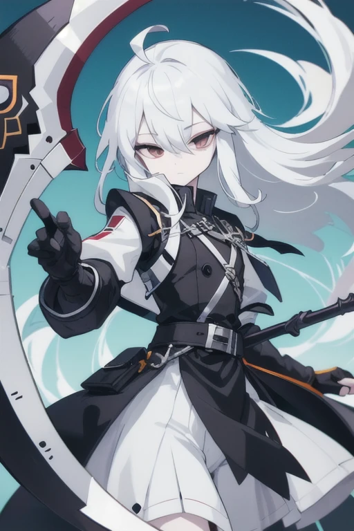  1male, solo, bigchest, feminine, white skin, white eyes, black sclera, ahoge, absurdly long hair, white hair, expressionless, white gauntlets, Holding Scythe, black scythe, inky scythe, hair over eyes, hair between eyes, (white jacket:1.1), Electric, energetic, mystical, playful, cute, dangerous, godlike, cute, chaotic