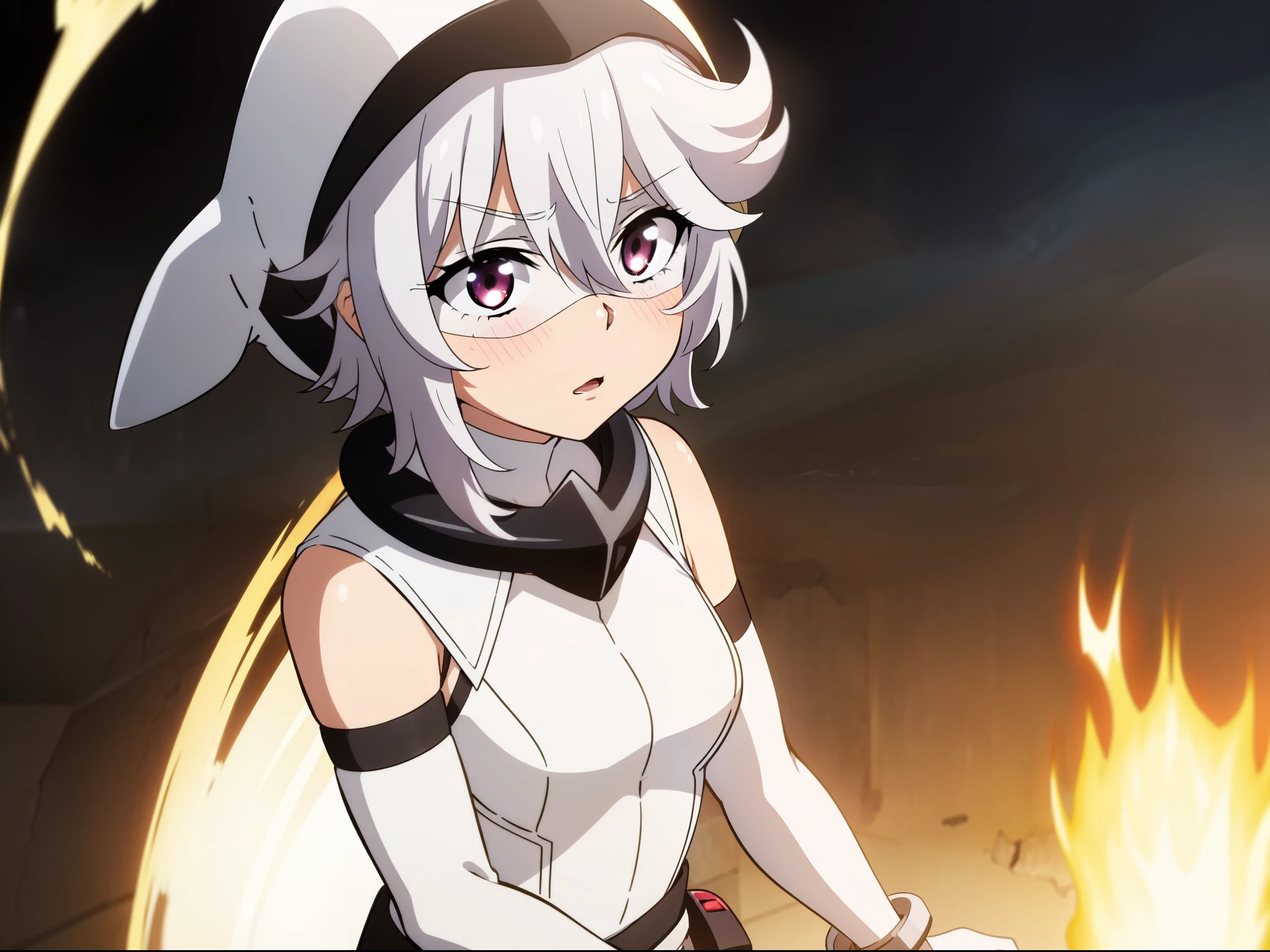 8k, obra maestra, absurdres, animé, SHYhero, 1girl, A young anime girl with white hair and red eyes, wielding a flaming katana. She wears a white bodysuit with a black belt and a red sash. Her expression is determined and fierce.
