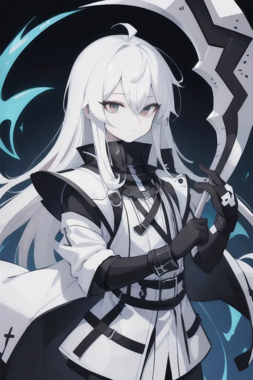  1male, solo, bigchest, feminine, white skin, white eyes, black sclera, ahoge, absurdly long hair, white hair, expressionless, white gauntlets, Holding Scythe, black scythe, inky scythe, hair over eyes, hair between eyes, (white jacket:1.1), Electric, energetic, mystical, playful, cute, dangerous, godlike, cute, chaotic