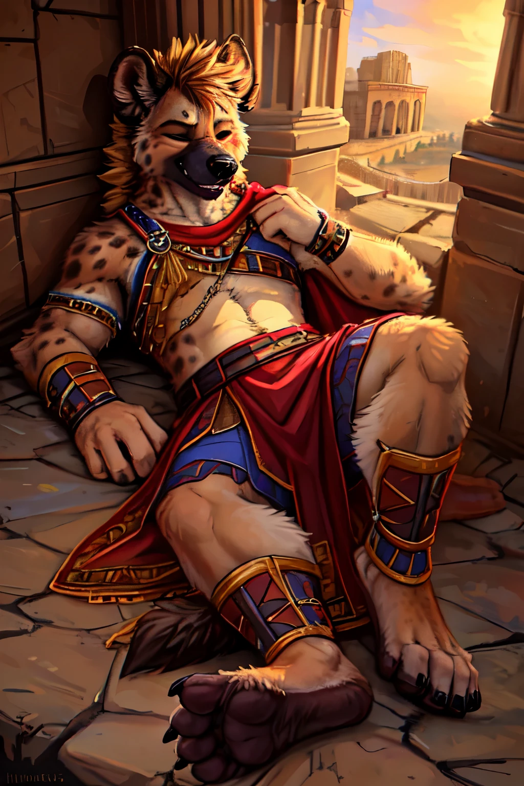 (by hioshiru and kenket and dimwitdog, Michael & Inessa Garmash, Ruan Jia, Pino Daeni, Chunie handsome, hyena scruffy fringe, wearing gladiator clothers ,eyes with a mischievous glint, brown eyes, average build, good eyes, warm lighting, 8k semi realistic small grin, foot paw (5 toes ) ((small claws on toes)) (sleeping))lying dead in the colosseum ((closed eyes)) ((tonque out of the mounth)) (feet soles showing)) ((feetsoles)) lying dead in the colosseum (defeat on the floor)) ((gladiator warrior)) ((hyena tail)) ((lying down)) ((was killed inside the coloseeum)) ((time of Roman Empire)) time before christus, arena ((colosseum arena)) ((arena)) handsome, black horse scruffy fringe, wearing gladiator clothers ,eyes with a mischievous glint, brown eyes, average build, good eyes, warm lighting, 8k semi realistic small grin, feet (5 toes ) ((small claws on toes)) (sleeping))lying dead in the colosseum ((closed eyes)) ((tonque out of the mounth)) (feet soles showing)) ((hyenaman)) ((feetsoles)) lying dead in the colosseum (defeat on the floor)) ((gladiator warrior)) (horse tail)) ((lying down)) ((was killed inside the coloseeum)) ((time of Roman Empire)) (humanoid feet)) ((long nails)) ((black nails)) ((closed mounth)) ((tonque out))