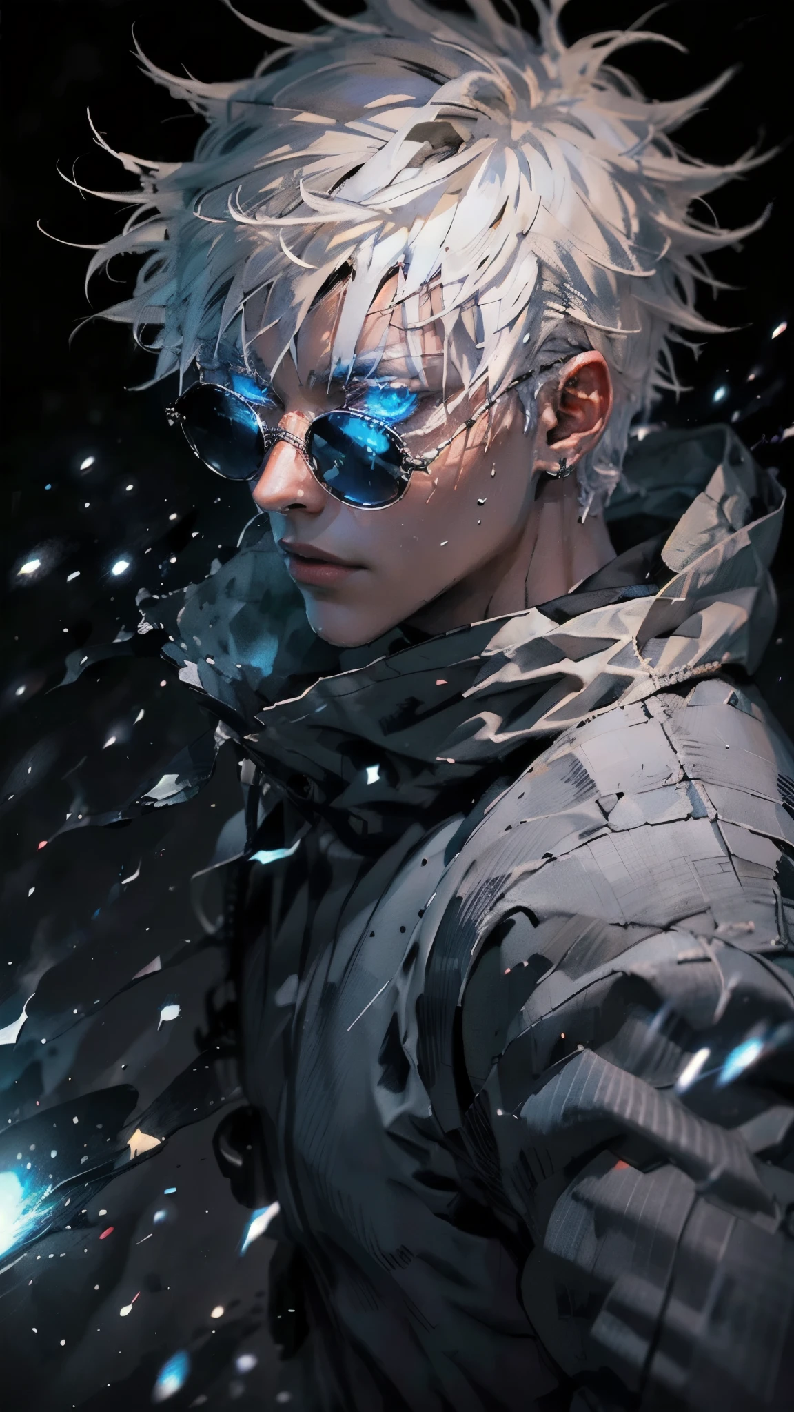1 boy,rim light,looking_at_screen,masterpiece,best quality,solo,Gojo Satoru,highest detailed.sunglasses,Glowing eyes,white hair,cowboy,