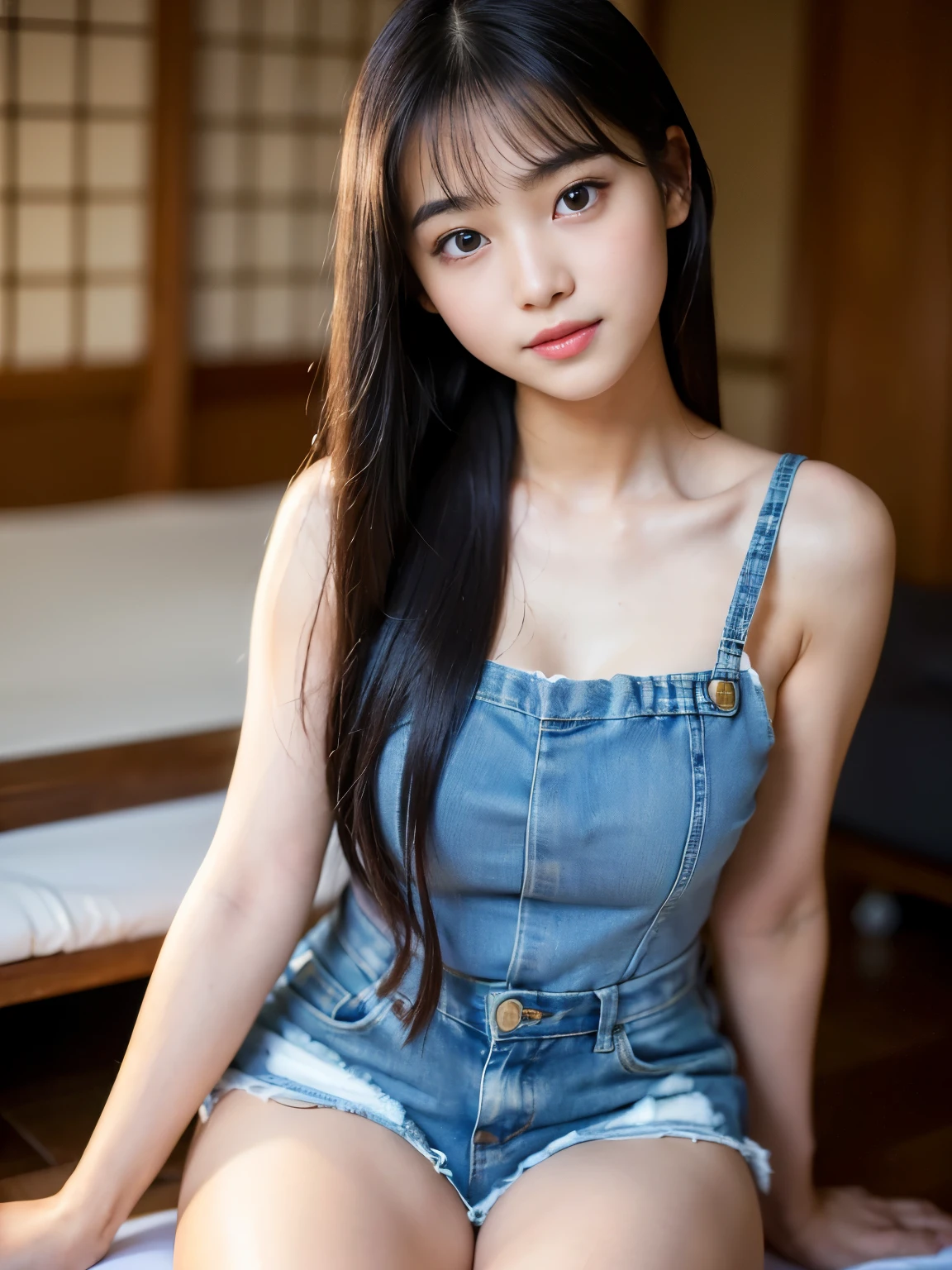 ((Perfect Anatomy:1.2,Realistic:1.5,RAW Photos:1.5,masterpiece、Highest quality、Ultra - High resolution、High resolution、Highly detailed CG、8k)),Cowboy Shot,1 female,alone、18 year old beauty,Japanese,((Beautiful and graceful face and eyes:1.3,Big beautiful eyes:1.3,iris)),Black Hair,Long Hair,Straight hair,Blunt bangs,blush,((Flat Chest,Low length,Slender body,Small Head:1.3,skinny)),(Glowing Skin,Oily skin:1.3,Glowing Skin),(White camisole,denim micro mini shorts),Simple bedroom,