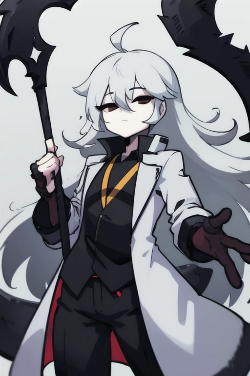  1male, solo, bigchest, feminine, white skin, white eyes, black sclera, ahoge, absurdly long hair, white hair, expressionless, white gauntlets, Holding Scythe, black scythe, inky scythe, hair over eyes, hair between eyes, (white jacket:1.1), Electric, energetic, mystical, playful, cute, dangerous, godlike, cute, chaotic