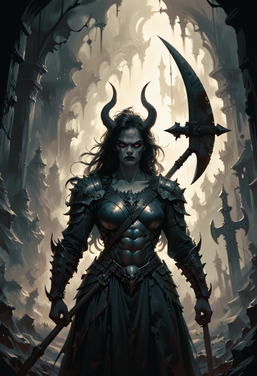 a frightening female  warrior, detailed  facial features, crual eyes, muscular body, holding a large battle axe, wearing heavy fur armor, grim expression, dramatic lighting, dark fantasy, muted color palette, digital painting, hyper detailed, cinematic composition, masterpiece