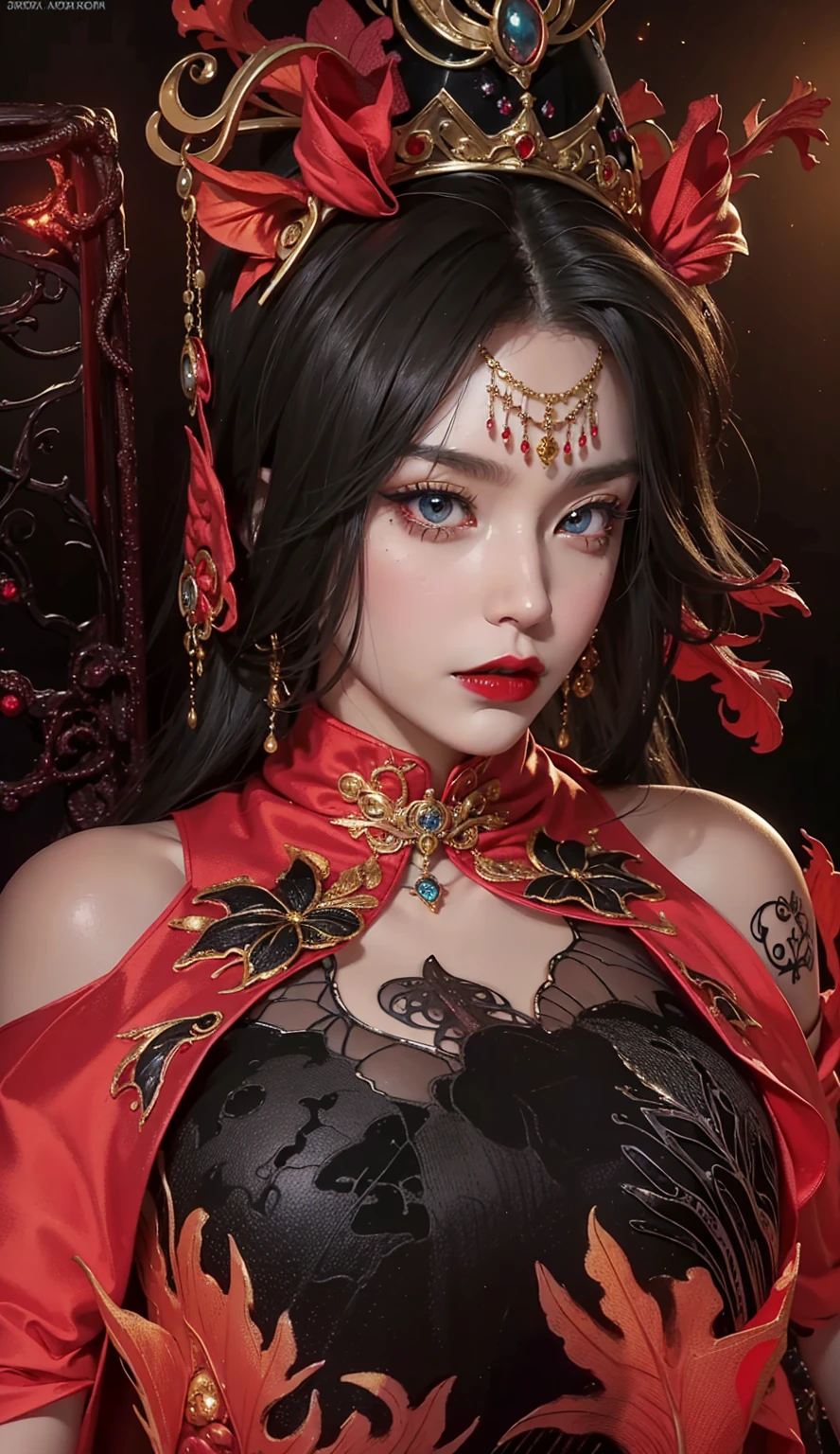 Realistic, 1 girl, see-through chinese armor soft red black, very large breasts, black hair, red lips, detailed eyes , dark backgrou,,Low light, Chinese underwear, best face,upper body, Low light landscape, sexy style, royal, Penetration , chinese underwear