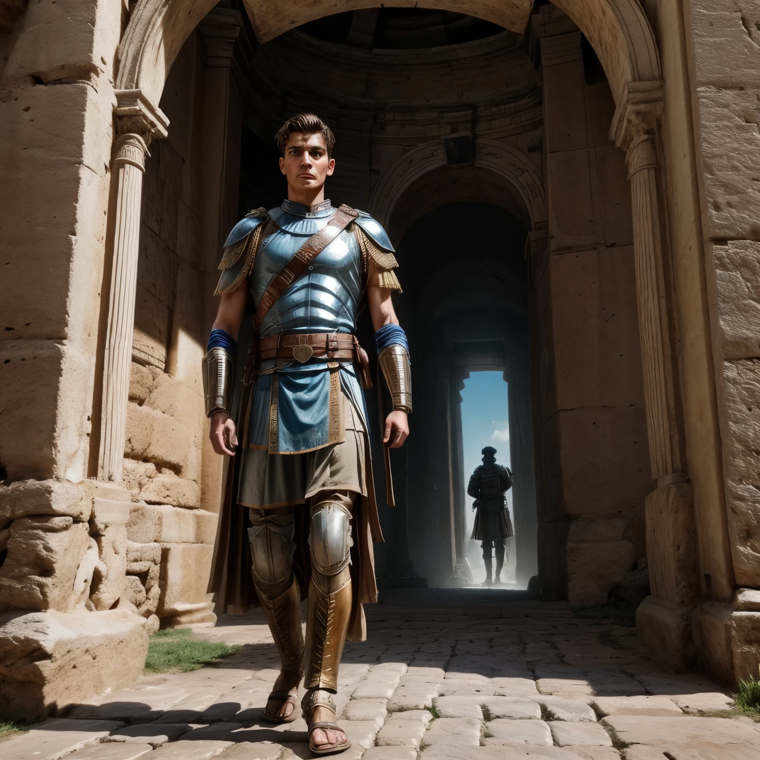 an ancient soldier passes through a space-time portal and finds himself in the future, you see the past on one side of the portal and the future on the other side, the soldier wears the clothes of the ancient Roman legionaries at the time of the Roman Empire.