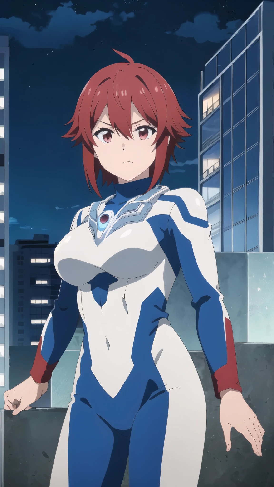 (8k、Highest quality、masterpiece:1.2),Detailed face,Beautiful Face,(fine grain, Deep Eyes),One Girl,input, Redhead, Red eyes, short hair, Hair between the eyes, bangs, Large Breasts ,Cowboy Shot、Combat Stance、Ultraman bodysuit、Hero Suit,Tight Suit,(building:1.2)、Night view