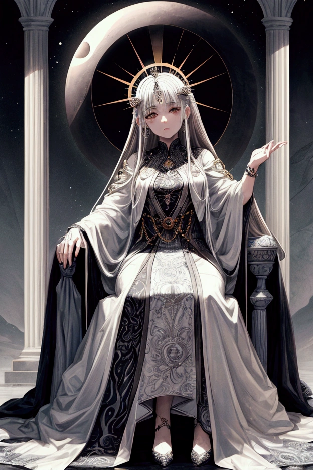 <lora:Tarotv0.2:0.9>, tarot card, The High Priestess: the high priestess woman robes headpiece throne columns