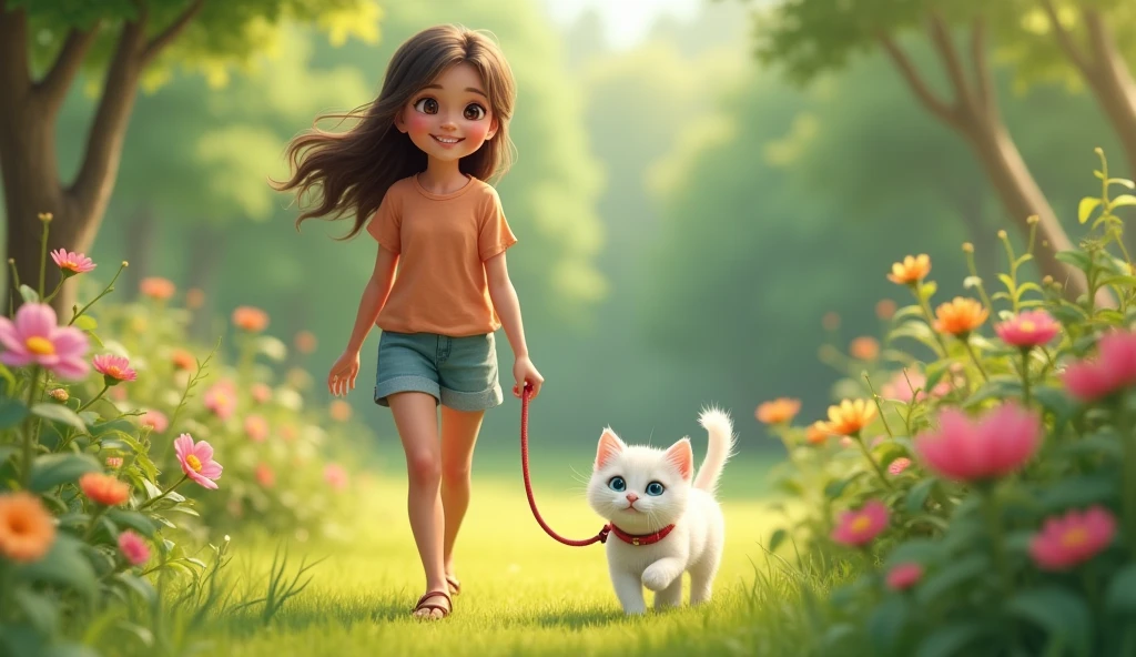  A beautiful girl walking with her white kitten in the garden ,  her cat is on a collar the girl is holding the collar so the cat doesn't run away , The girl is smiling cheerfully ,  the kitten is curious looking at the grass and trees  