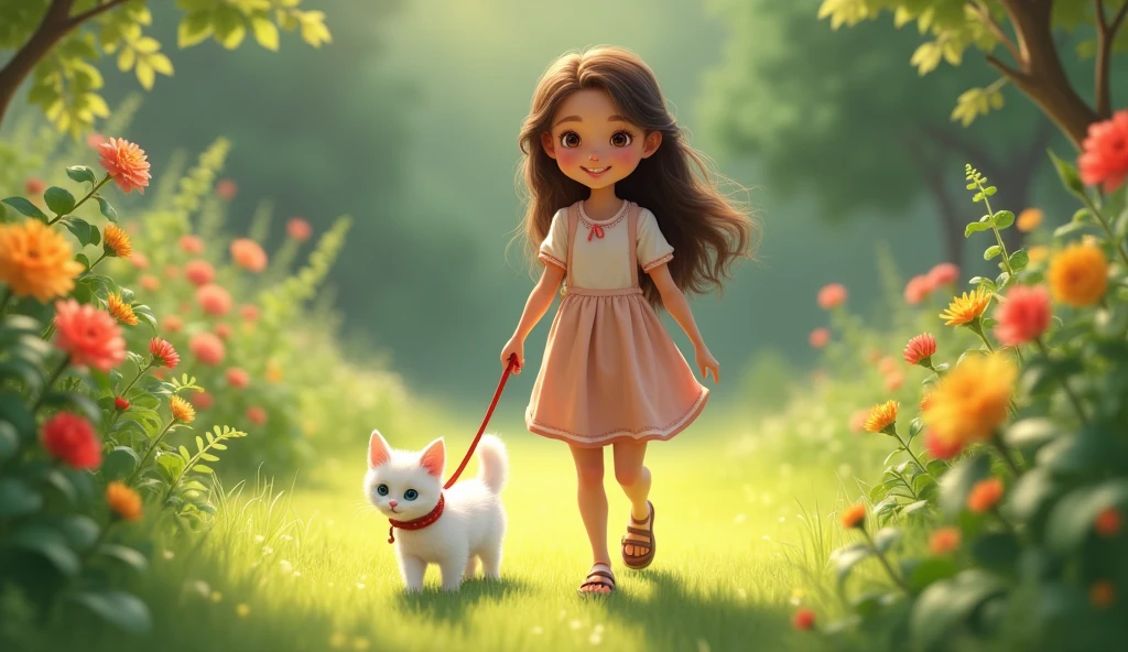  A beautiful girl walking with her white kitten in the garden ,  her cat is on a collar the girl is holding the collar so the cat doesn't run away , The girl is smiling cheerfully ,  the kitten is curious looking at the grass and trees  