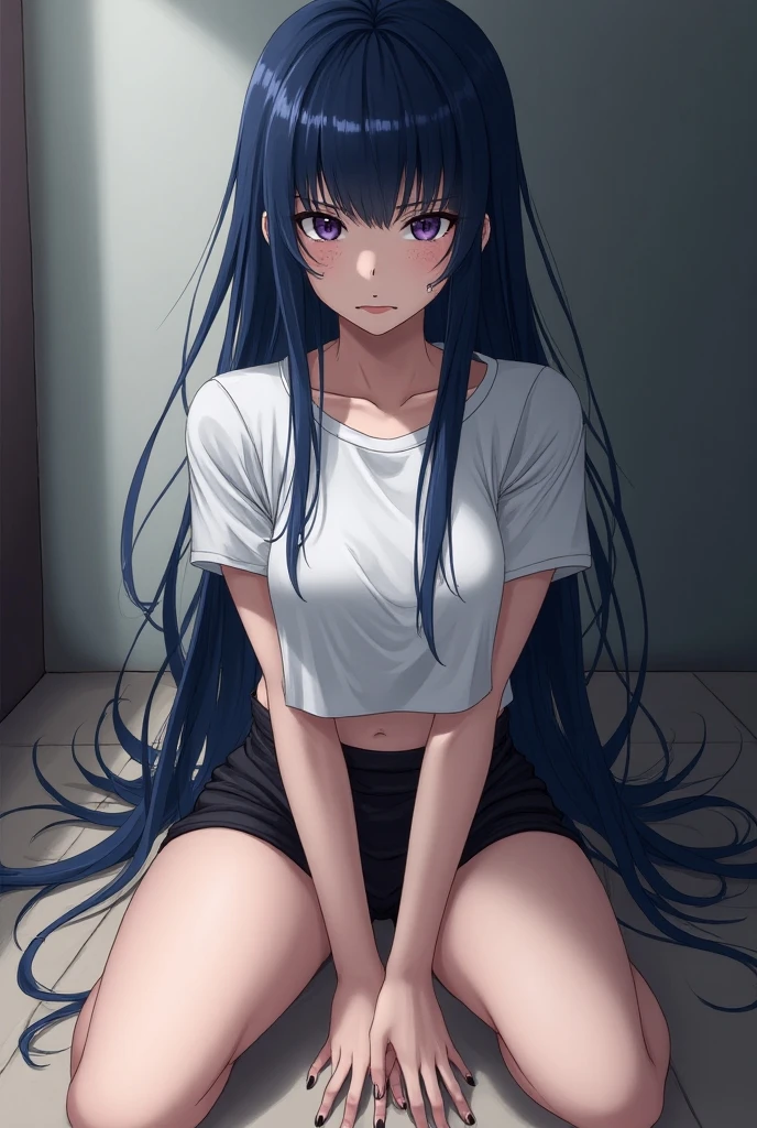 (((masterpiece, Highest quality:1.3,absurdres))),25 year old beauty,solo,((very small head:1.3)),long hair,bangs,(dark blue hair),dark blue eyes,gorgeous eyes,shy,tears,tongue、drooling,medium breasts,((very long body:1.3)),((toned body,slender body)),skinny,((tan skin:1.5)),gleaming skin,shiny skin,sweat,(incontinence,Urine dripping down thighs),(White tank top、Yellow pleated mini skirt),barefoot、White panties、arms up,standing,spread legs,on street,Back Alley、New York City、