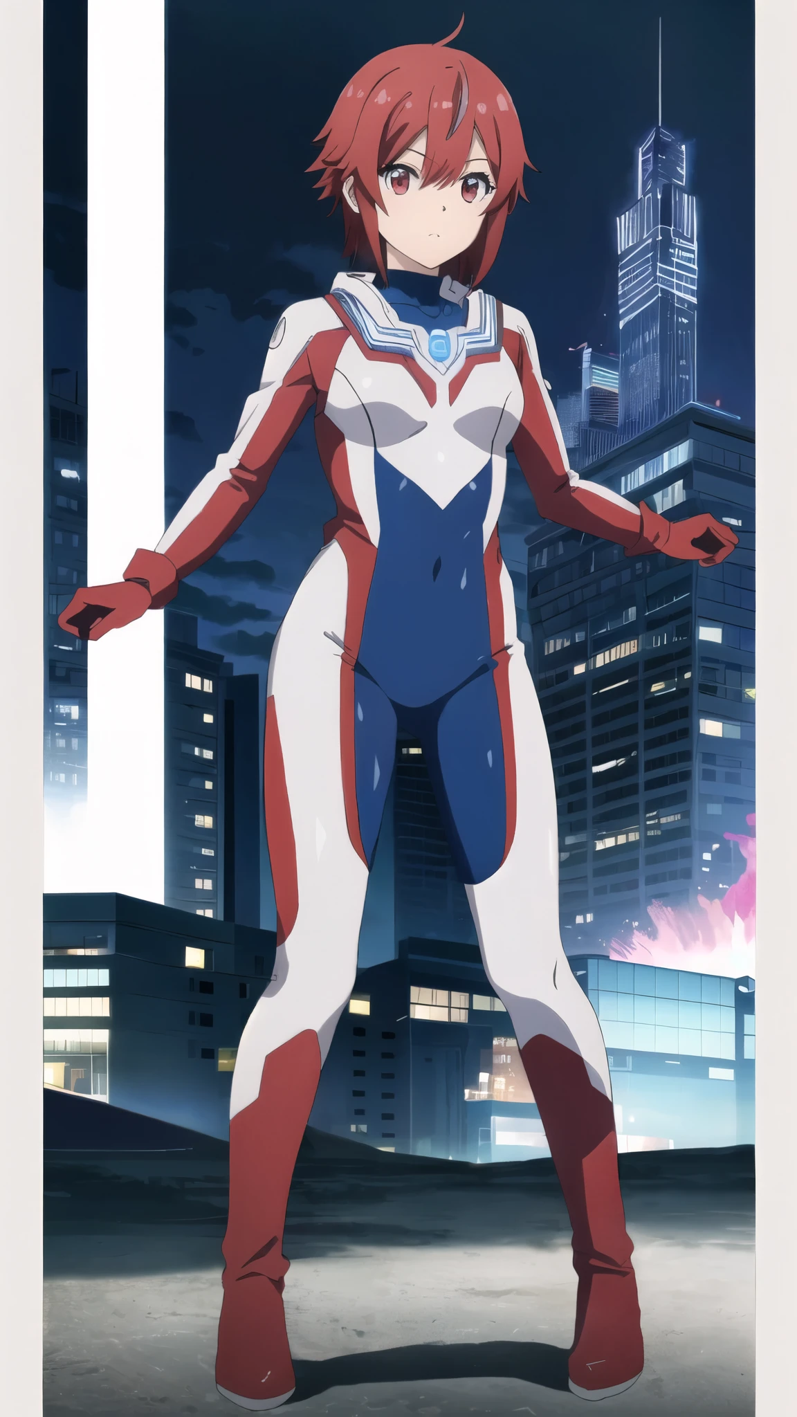 ((Highest quality)),((Very detailed)),masterpiece,Absurd,Detailed face,Beautiful Face,(Detailed eyes, Deep Eyes),One girl,((Dynamic pose)),  input, Redhead, , alone, tie, short hair, Red eyes,  Hair between the eyes, bangs, chest, 大きなchest、View your viewers, Ultraman bodysuit、Hero Suit,Full body tight suit、(building:1.2)、Night view