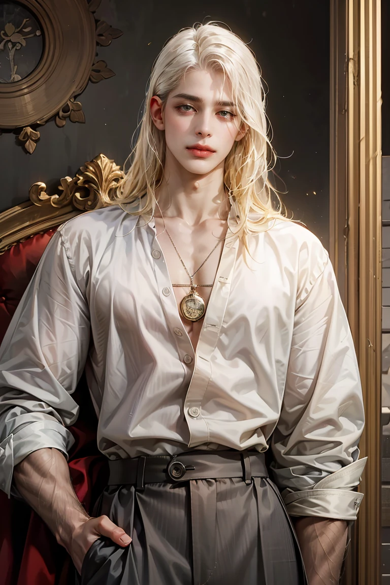 Middle Ages, man, Middle Age, (One, )thin, man, ( grey medieval shirt and brown pants, dirty things), PENDANT,  hanging around my neck , super  detailed face , ((thin lips)),  long hair, white hair,  sharp facial features  , sullen, sad, adult,  heavenly eyes , plain background, deep light  ,  looks at the viewer , stands straight