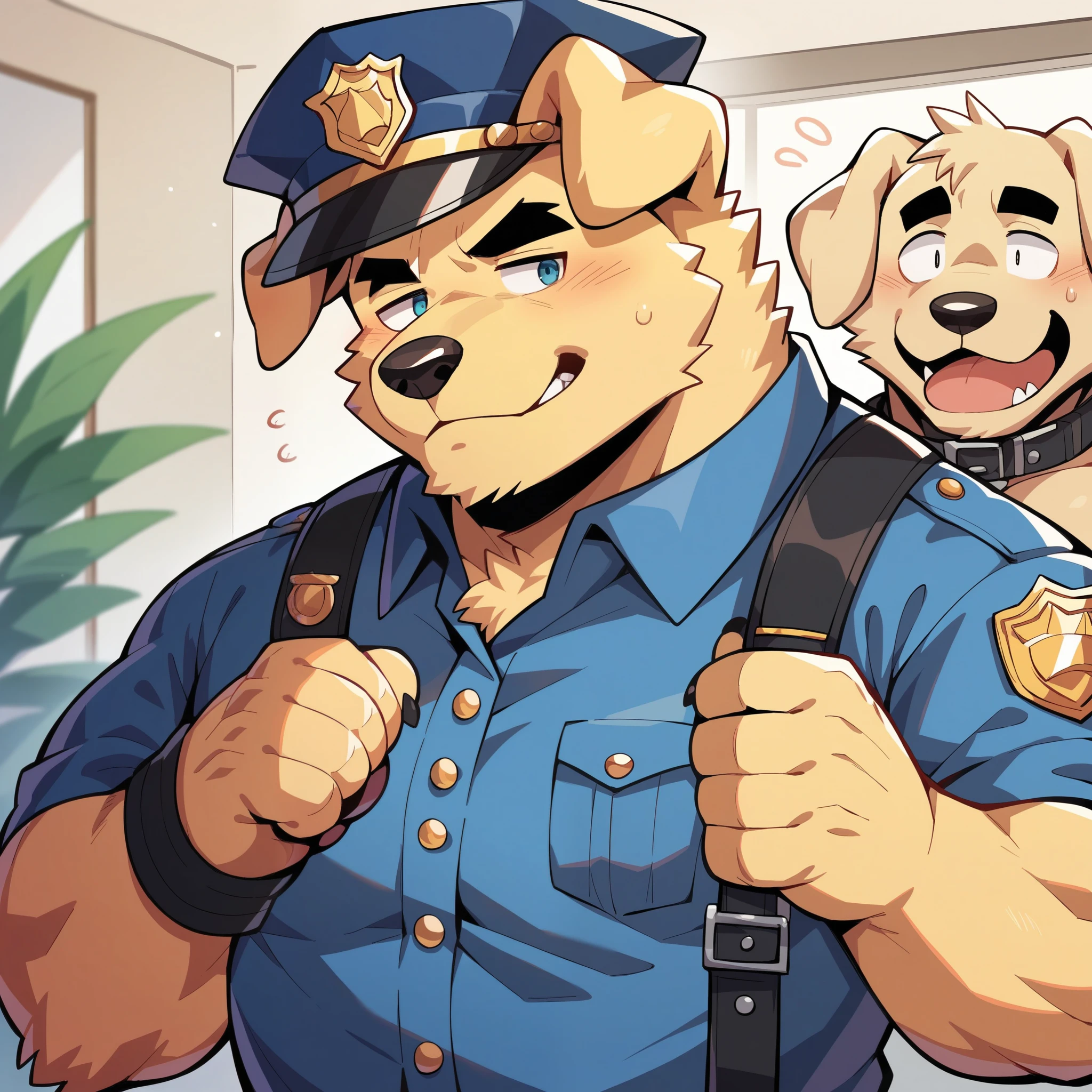doodled golden retriever face,Humanity (Golden Retriever),pummelig,( black eyebrows :1.1),(perfect eyes),golden fur,(artist:Takemoto Arashi),Living room background ,(collar:1.3),paw,(black beard:1.3),(police uniform:1.3),(Police hat in hand :1.3)