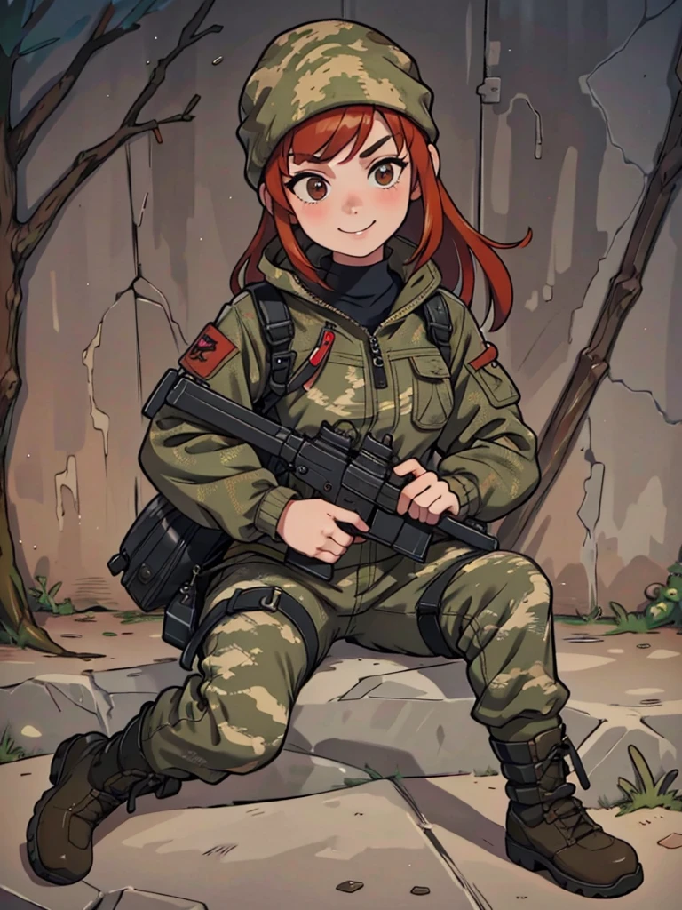 Girl with a smile and red hair, with a camouflage jacket, camouflage balaclava, camouflage pants and army boots.