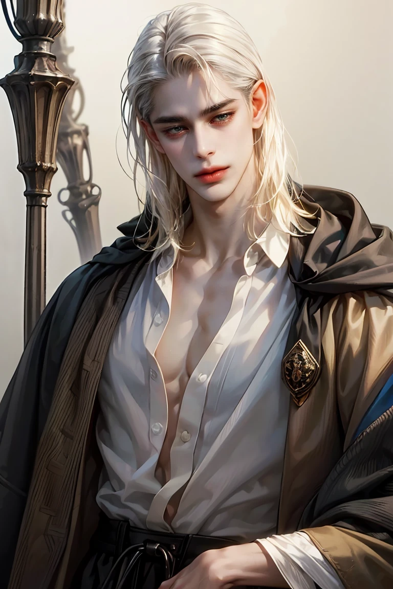 Middle Ages, man, Middle Age, (One, )thin, man, ( grey medieval shirt and brown pants, dirty things), PENDANT,  hanging around my neck , super  detailed face , ((thin lips)),  long hair, white hair,  sharp facial features  , sullen, sad, adult,  heavenly eyes , plain background, deep light  ,  looks at the viewer , stands straight