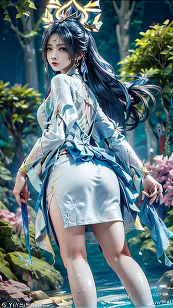 The painting depicts a woman in a uncovered part of her butt small blue dress standing in a pool of water, Beautiful character painting, ((Beautiful fantasy queen)), bovo art style, closeup fantasy with water magic, Artwork in the style of Guweiz, Inspired by Chen Yifei, Ethereal Beauty, Beautiful fantasy queen, Inspired by Zhang Yan, palace ， girl wearing translucently small hanfu