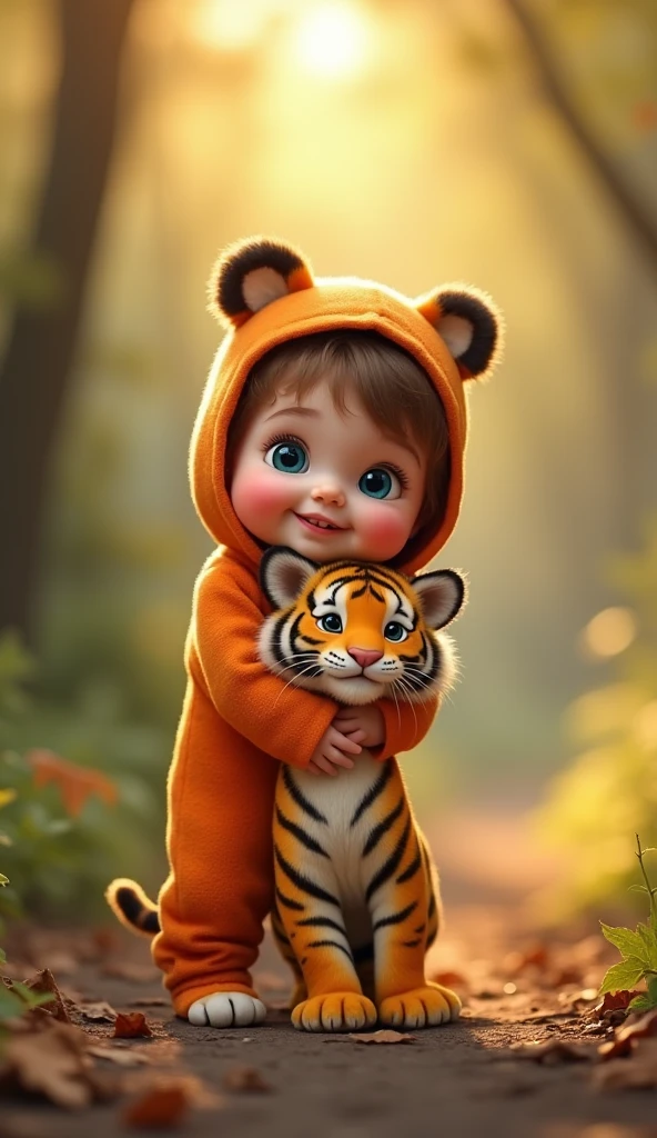 There is a baby in a tiger costume and stuffed animals, overall figure, playing with toys, smiling --auto