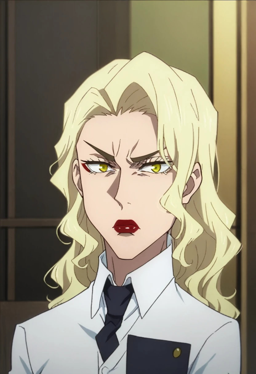 Anime screencap from Studio style mappa of a western woman with a thin chin, human with white skin and also tall with long black wavy hair combed to the side, In the middle ages unnoticed in modern clothes such as white dress shirt, black tie and black dress pants, Egyptian appearance , Dark red lipstick with strong lips, Serious and threatening expression, Slitted yellow eyes, thin physique,