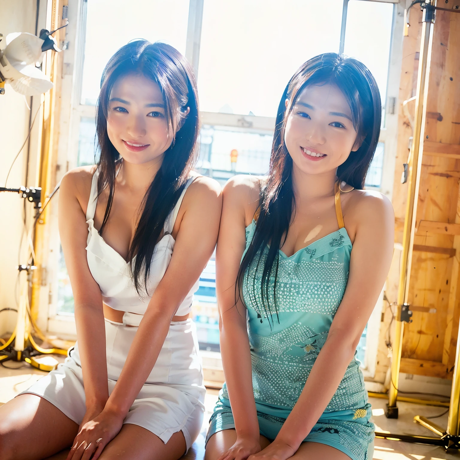 1. White dress shot in photo studio :  Sisters wearing matching white dresses on a pure white background 、 showing a smile at the camera 。 facial expressions and skin texture are depicted very realistically (8k, RAW,  cinematic lighting)。