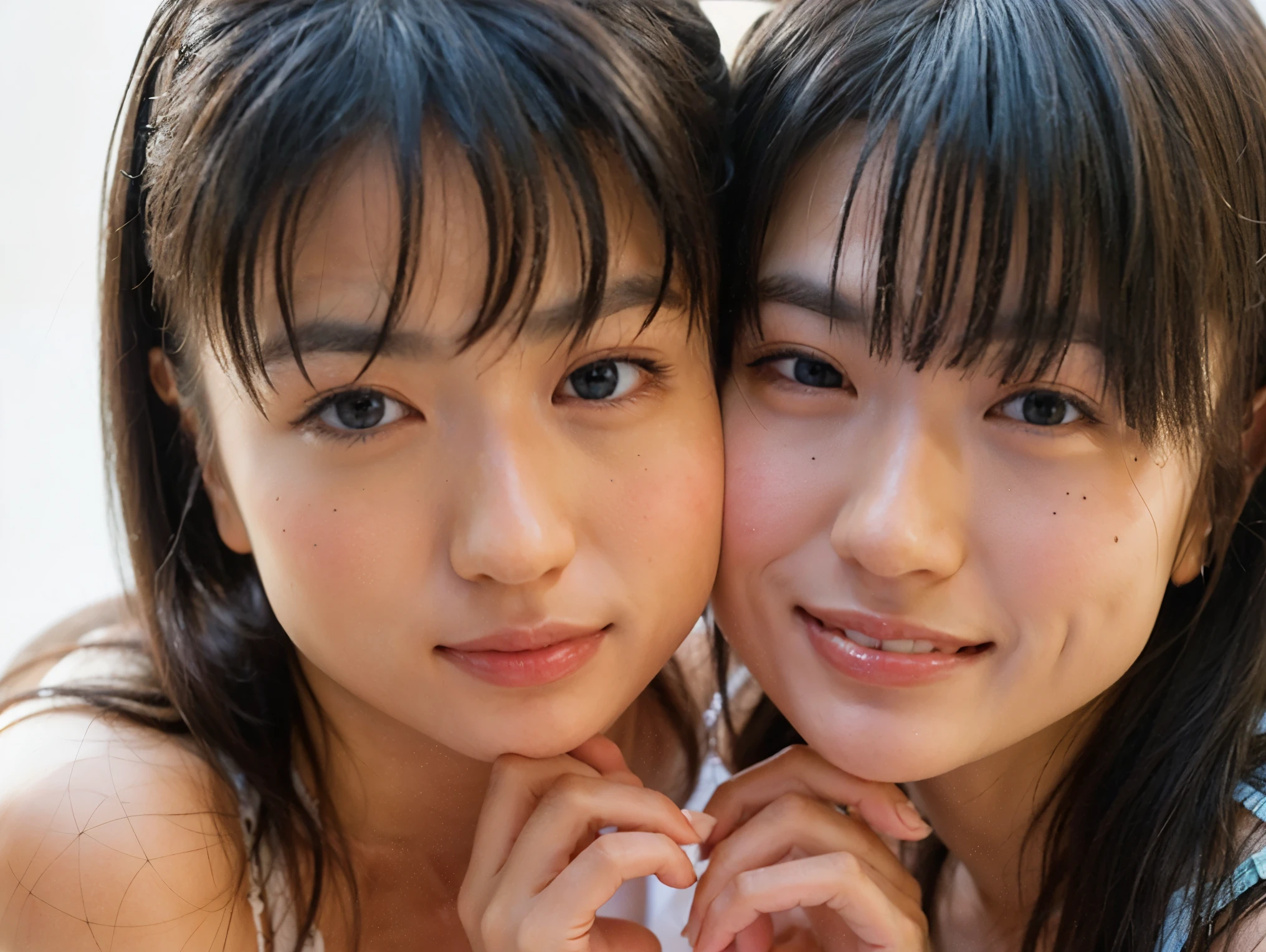 2. 「 close-up of sisters making eye contact on a simple white background」 — Lights highlight their eyes 。