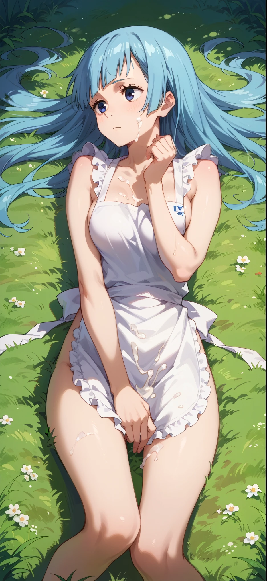 score_9,score_8_up,score_7_up, kasumi miwa, blue hair, medium breasts, 20-year-old, (sleeveless), cum, ((only apron, naked)),laying, grass 