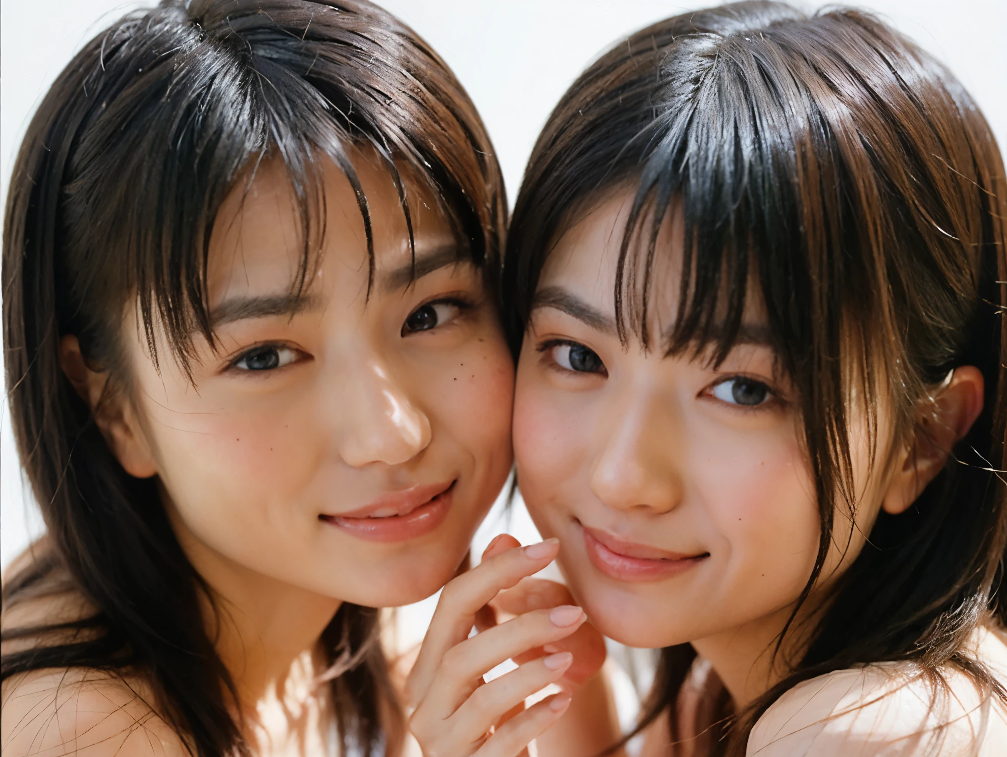 2. 「 close-up of sisters making eye contact on a simple white background」 — Lights highlight their eyes 。